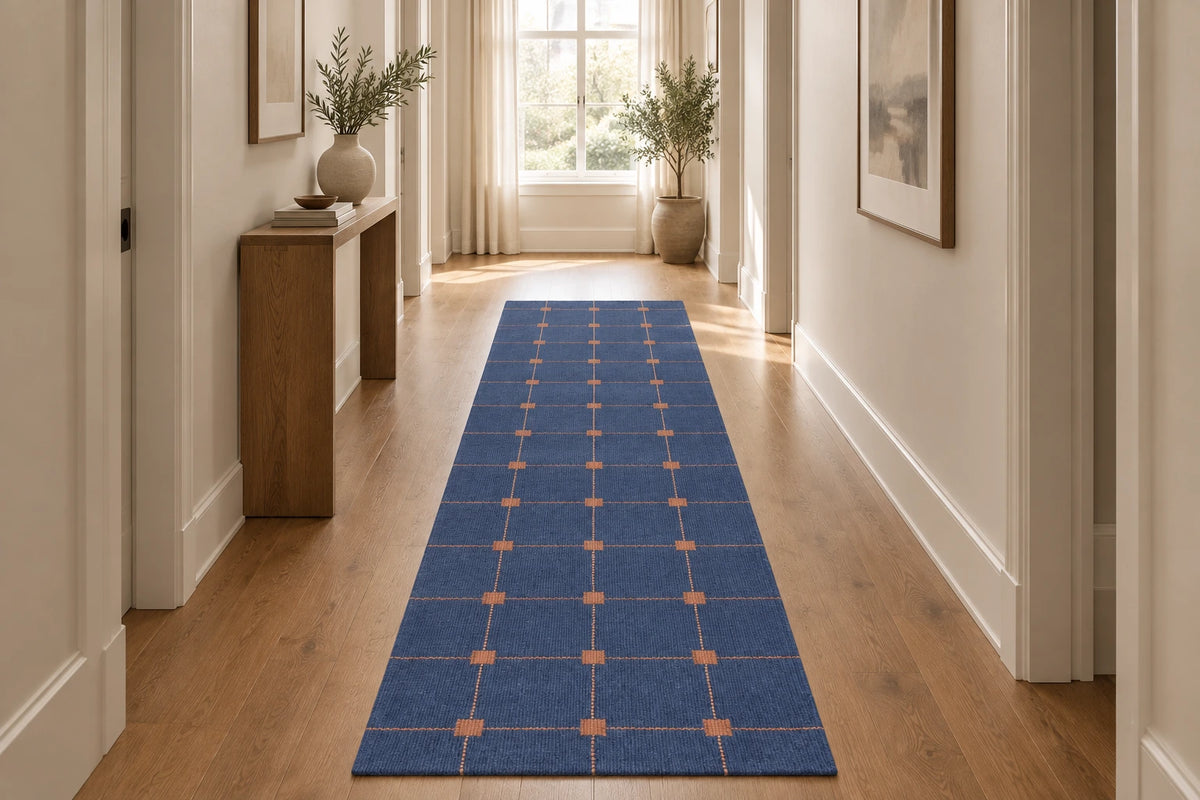 Blue Grid Hand Woven Flatweave Wool Dhurrie 2'6"x8