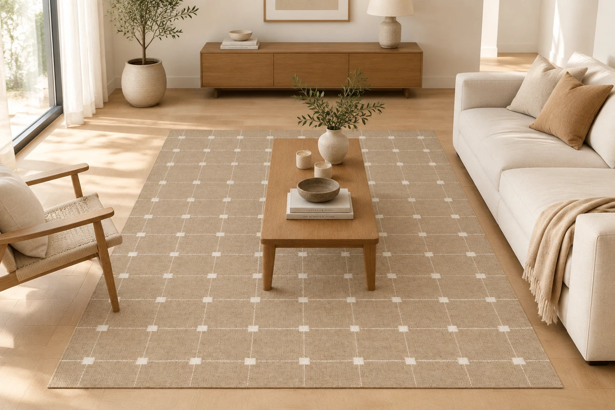 Beige Grid Hand Woven Flatweave Wool Dhurrie