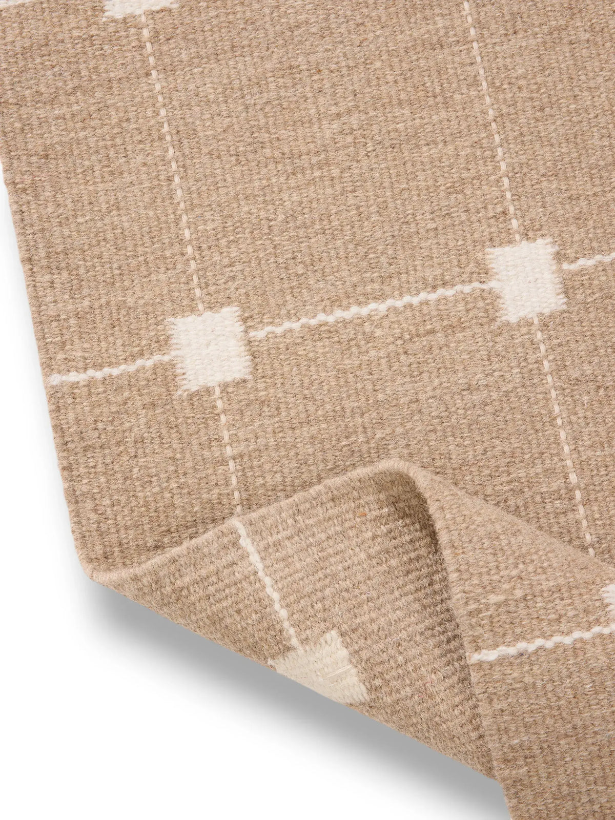 Beige Grid Hand Woven Flatweave Wool Dhurrie
