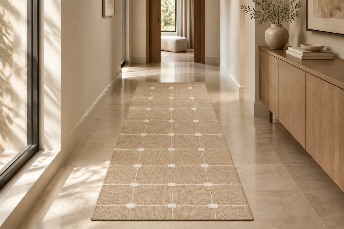 Beige Grid Hand Woven Flatweave Wool Dhurrie