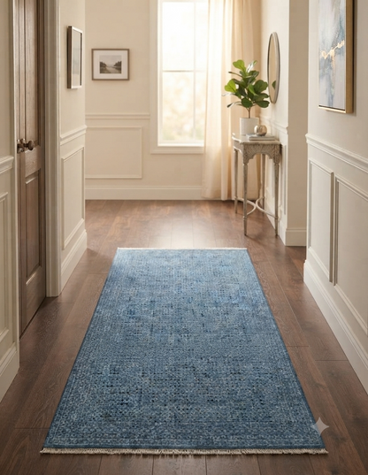 blue medallion hand knotted wool runner Bhadohi carpets