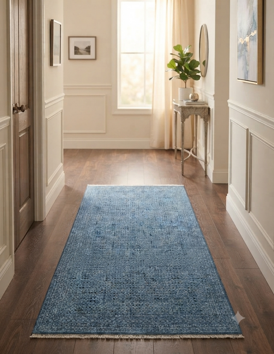blue medallion hand knotted wool runner Bhadohi carpets