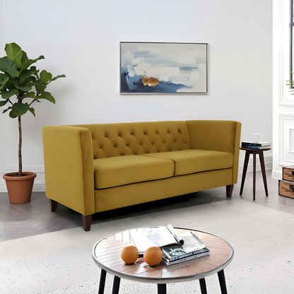 Button Tufted Velvet 3-Seater Sofa Mustard Yellow
