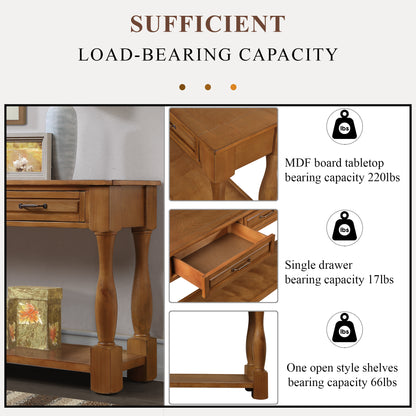 Wooden console table with load-bearing capacity details on a white background