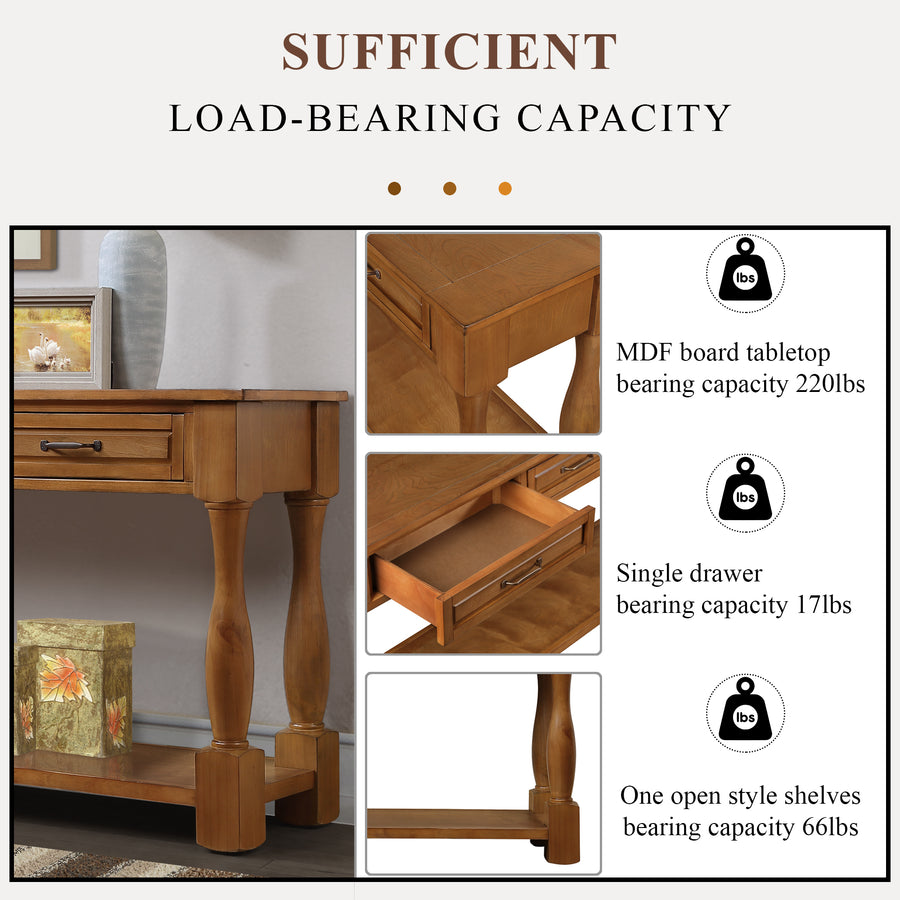 Wooden console table with load-bearing capacity details on a white background