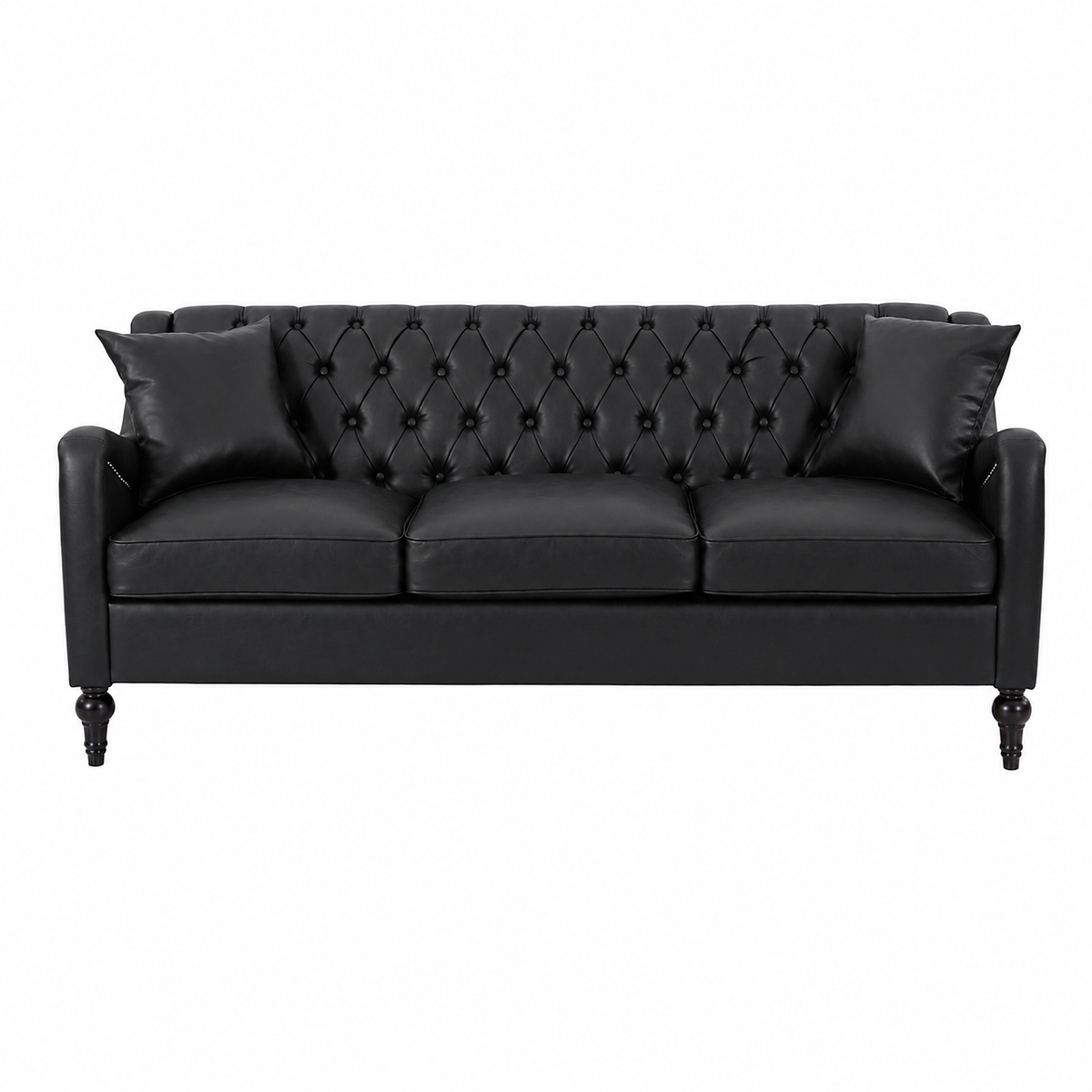 A three-seater brown leather sofa with a classic tufted button design on the backrest, two matching throw pillows, and dark turned wooden legs, shown against a plain white background. black  3 Seater