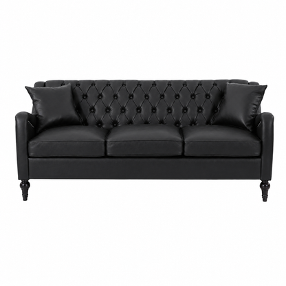 A three-seater brown leather sofa with a classic tufted button design on the backrest, two matching throw pillows, and dark turned wooden legs, shown against a plain white background. black  3 Seater
