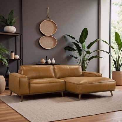 Right Facing Sectional Sofa with Mid-Century Modern Design, Genuine Leather Upholstery, Walnut-Finished Wood Legs, 98-Inch L-Shaped Layout