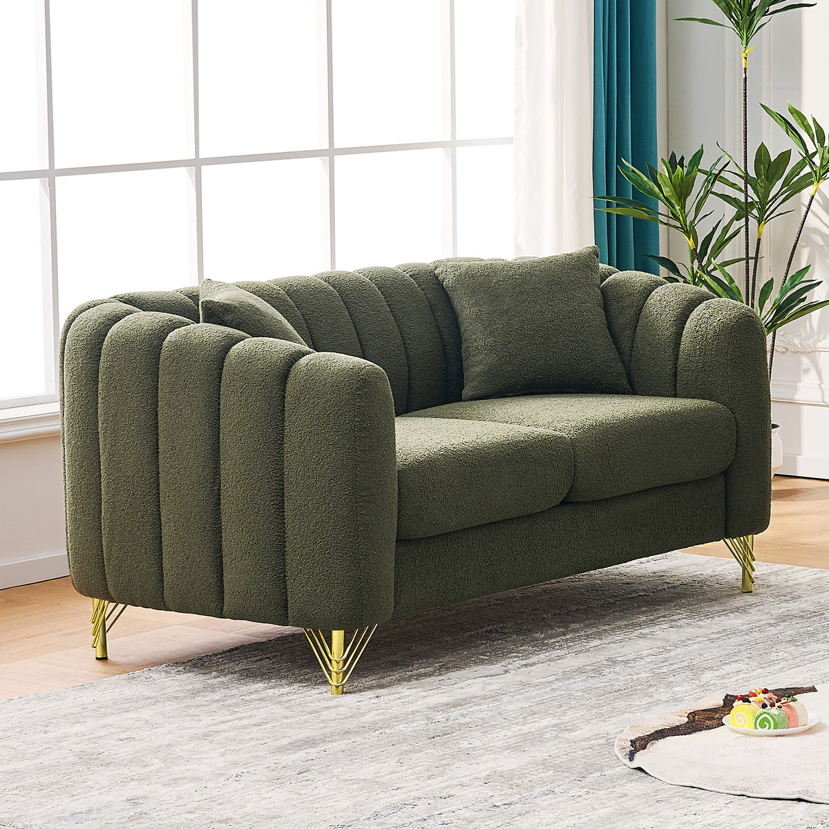 61' Teddy Loveseat Sofa ,Luxury 2 Seater Deep Couch,Modern Tufted Couch, Gold Metal Legs Sofa for Living Room, Bedroom, Apartment (Green)