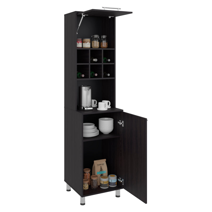 Black kitchen cabinet with open doors displaying various kitchen items on a  white background  Wenge