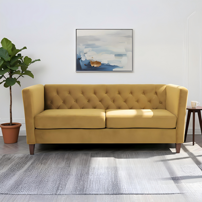 Button Tufted Velvet 3-Seater Sofa Mustard Yellow
