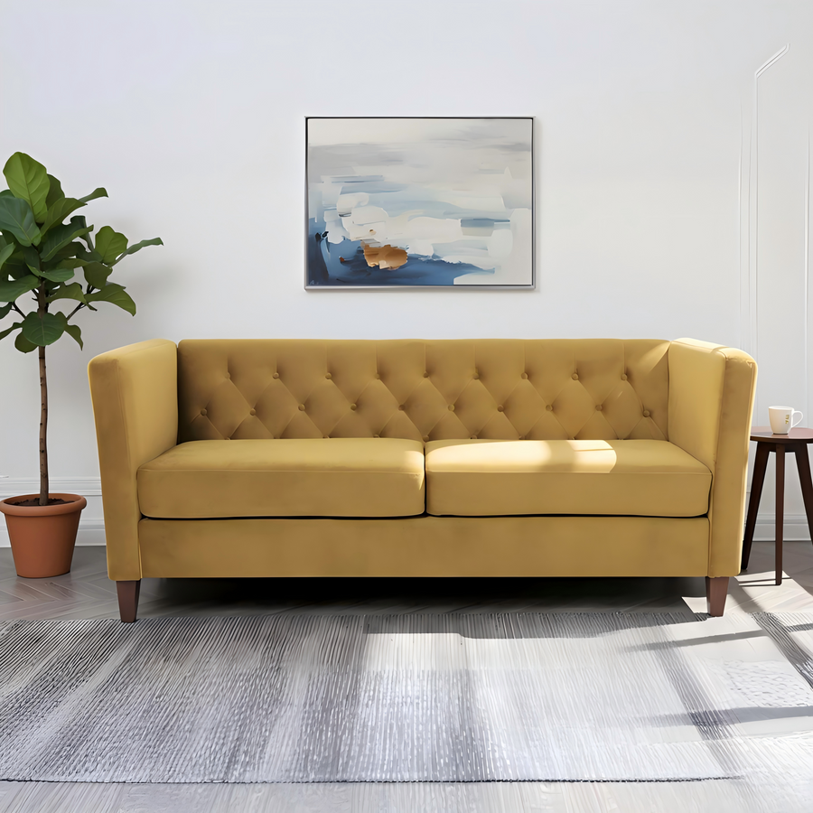 Button Tufted Velvet 3-Seater Sofa Mustard Yellow