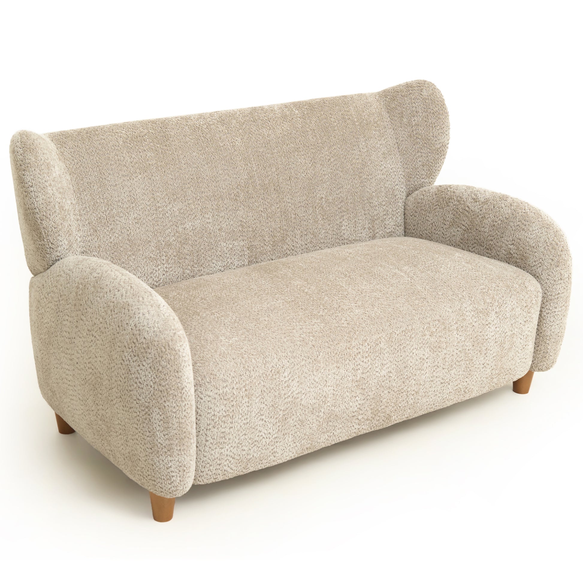 A modern two-seater loveseat sofa upholstered in a textured boucle fabric in a light camel color, with light wood legs, shown on a plain white background.