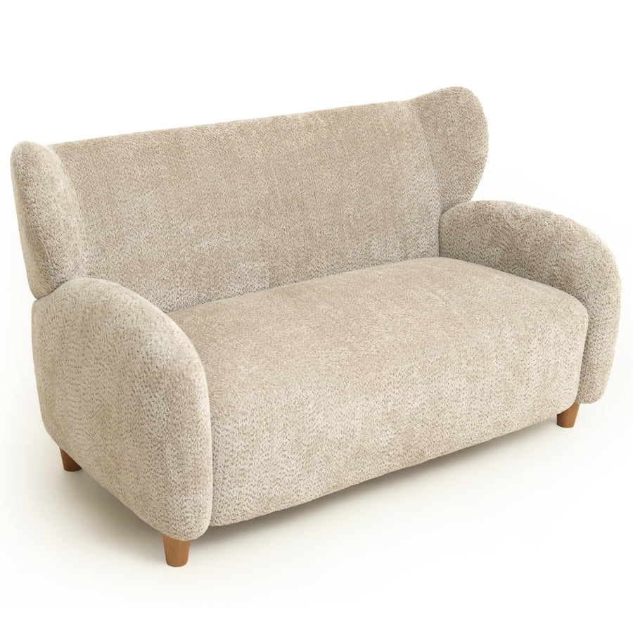 A modern two-seater loveseat sofa upholstered in a textured boucle fabric in a light camel color, with light wood legs, shown on a plain white background.