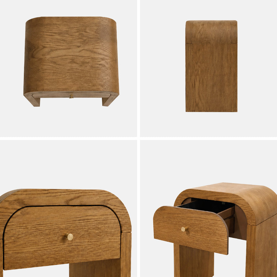 A four-panel product collage showing a Walnut Brown wooden bedside table or cabinet from different angles. The top-left view shows the curved back and small feet, the top-right shows the front panel, the bottom-left shows the top drawer front with a small round knob, and the bottom-right shows the open drawer.