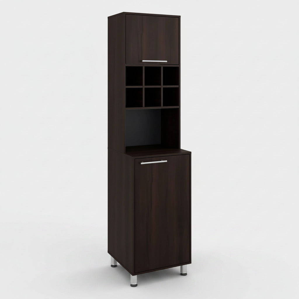 Tall dark brown cabinet with open shelves and closed doors on a white background Walnut