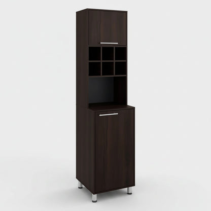 Tall dark brown cabinet with open shelves and closed doors on a white background Walnut