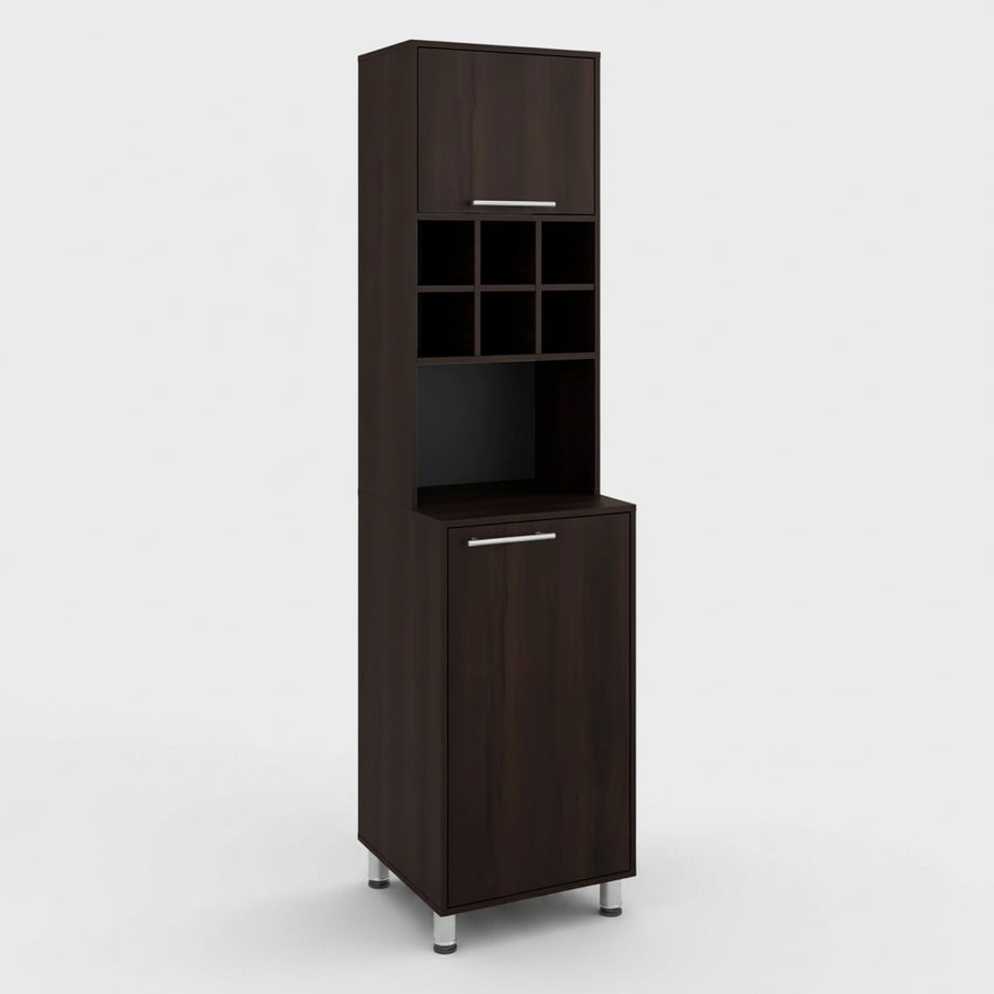 Tall dark brown cabinet with open shelves and closed doors on a white background Walnut