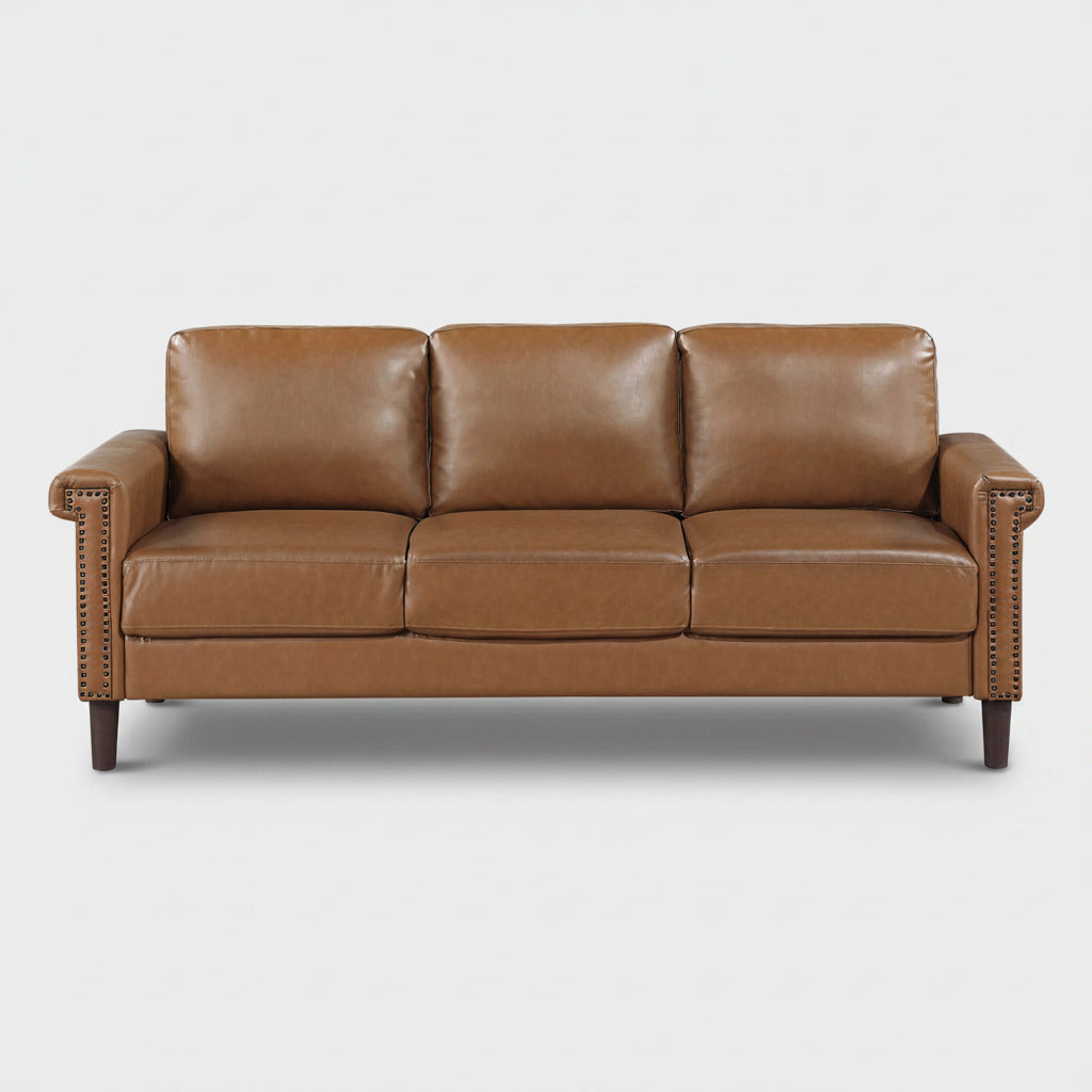 Antila Nailhead Leather Brown Sofa