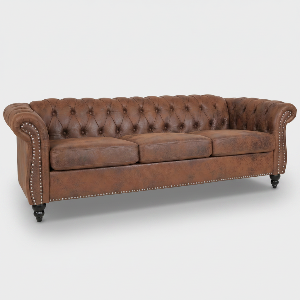 Brown PU Leather 3 Seater round arm sofa
