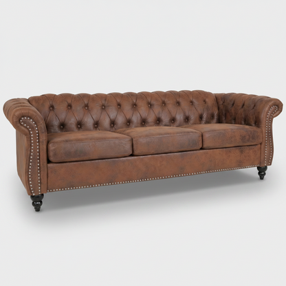 Brown PU Leather 3 Seater round arm sofa