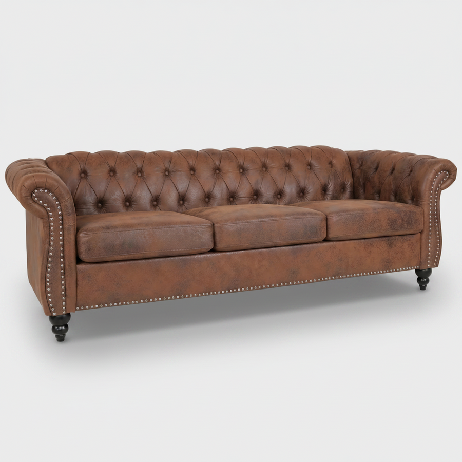 Brown PU Leather 3 Seater round arm sofa