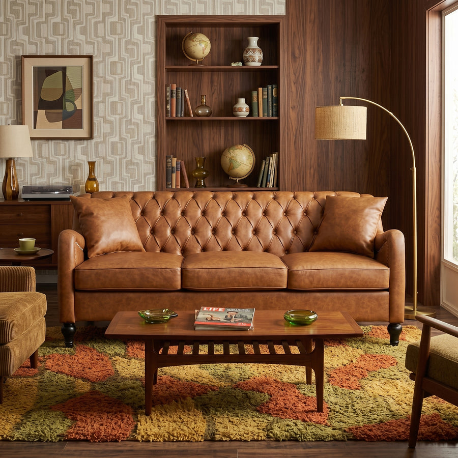 A brown leather tufted sofa in a styled living room with a wooden coffee table, patterned rug, bookshelves, and a floor lamp. light brown 3 seater