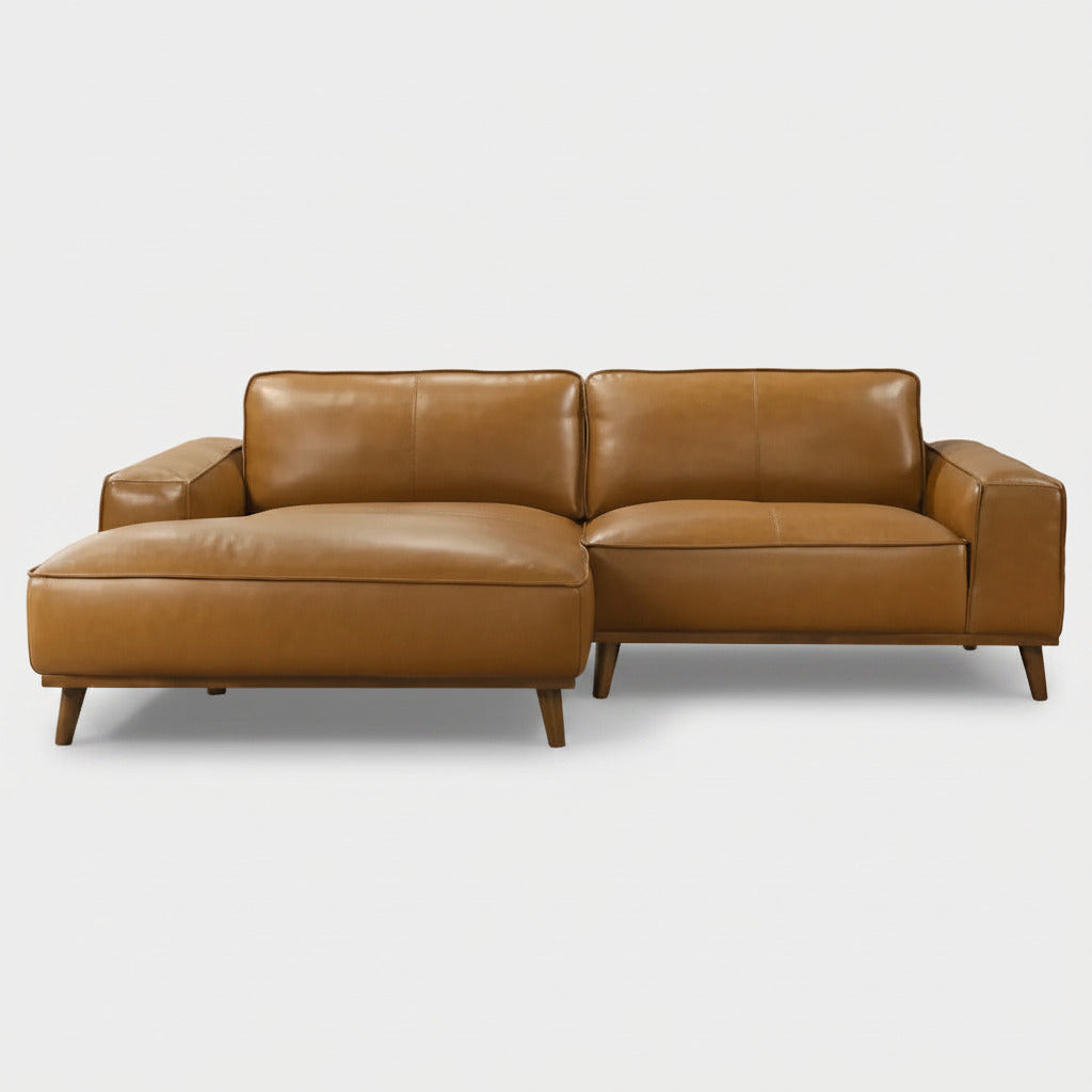 Left Facing Sectional Sofa with Mid-Century Modern Design, Genuine Leather Upholstery, Walnut-Finished Wood Legs, 98-Inch L-Shaped Layout