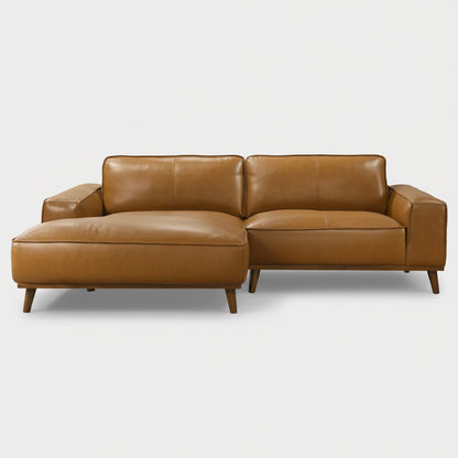 Left Facing Sectional Sofa with Mid-Century Modern Design, Genuine Leather Upholstery, Walnut-Finished Wood Legs, 98-Inch L-Shaped Layout