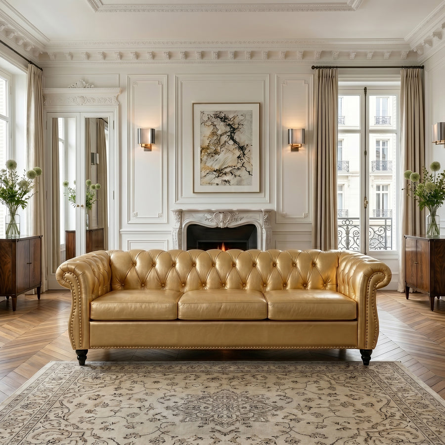 Gold PU Leather 3 Seater round arm sofa