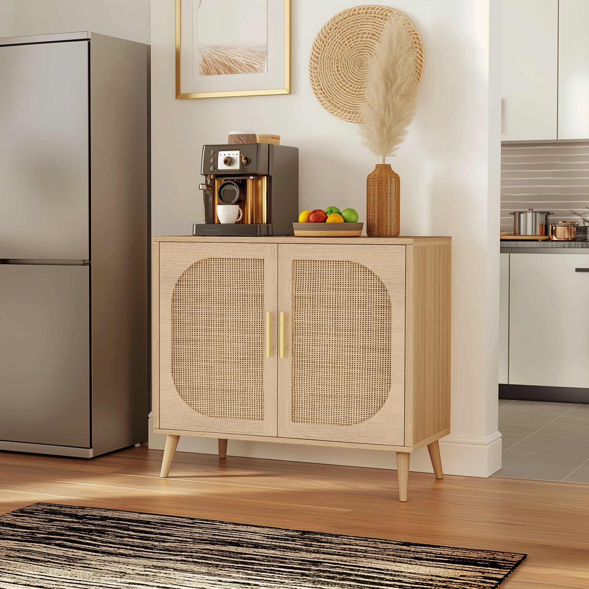 Natural Wooden cabinet with wicker doors in a kitchen setting