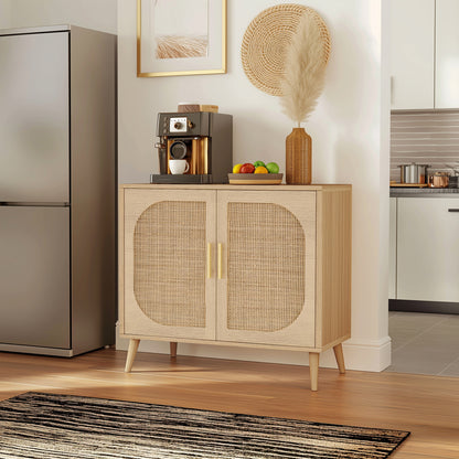 Natural Wooden cabinet with wicker doors in a kitchen setting