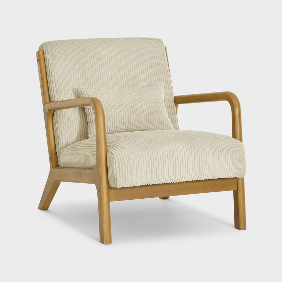 Beige Corduroy Upholstered Wooden Armchair with Back Support Pillow