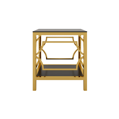 Black tampered glass golden metal leg square side table