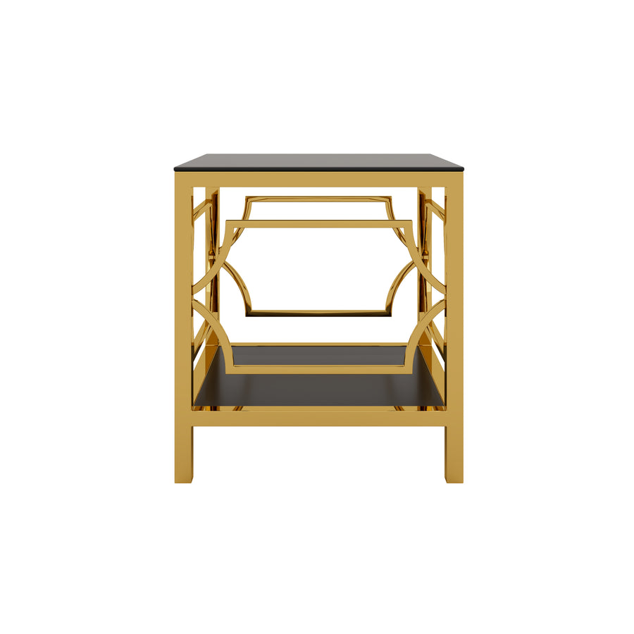 Black tampered glass golden metal leg square side table