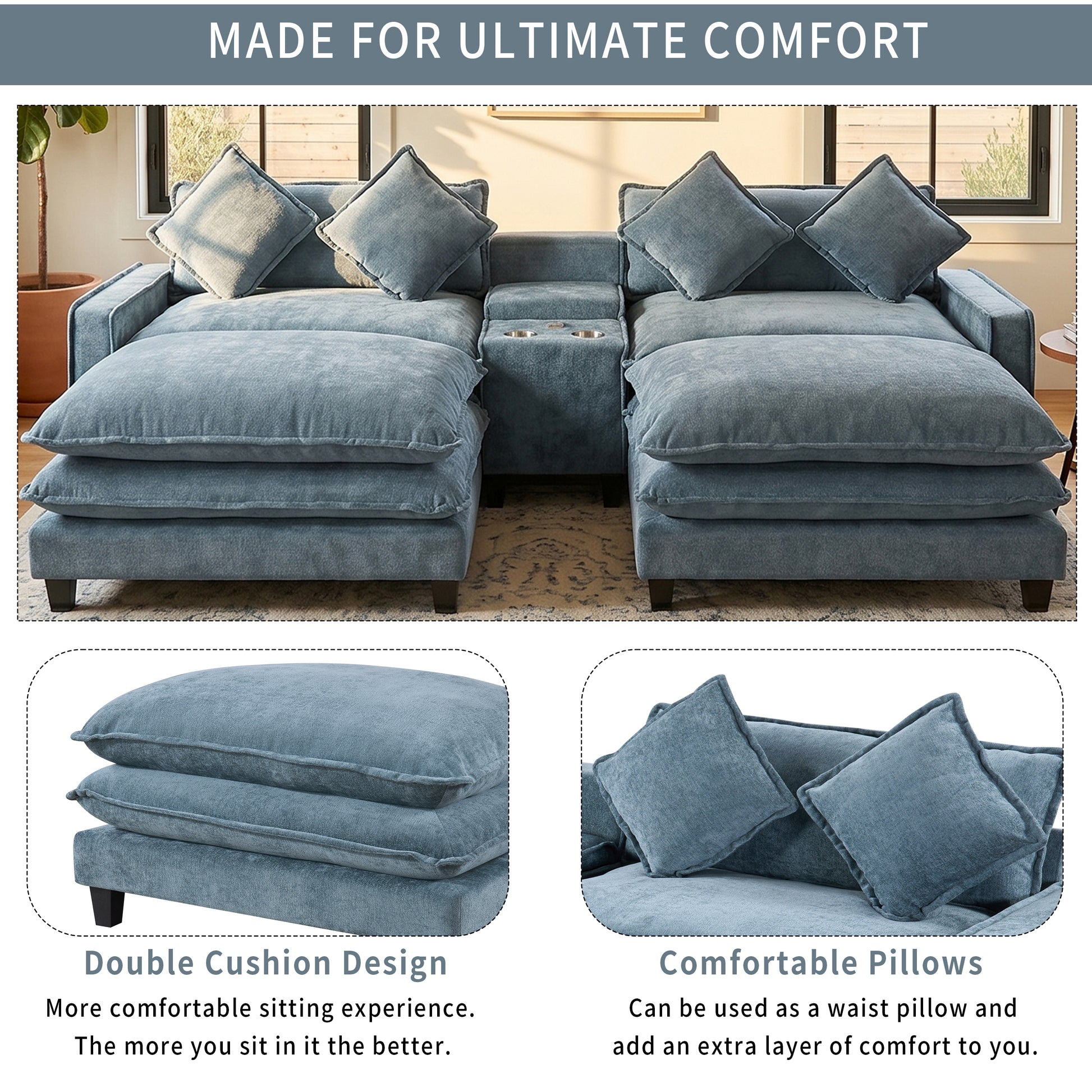 Light Blue Sectional Sofa with Ottoman