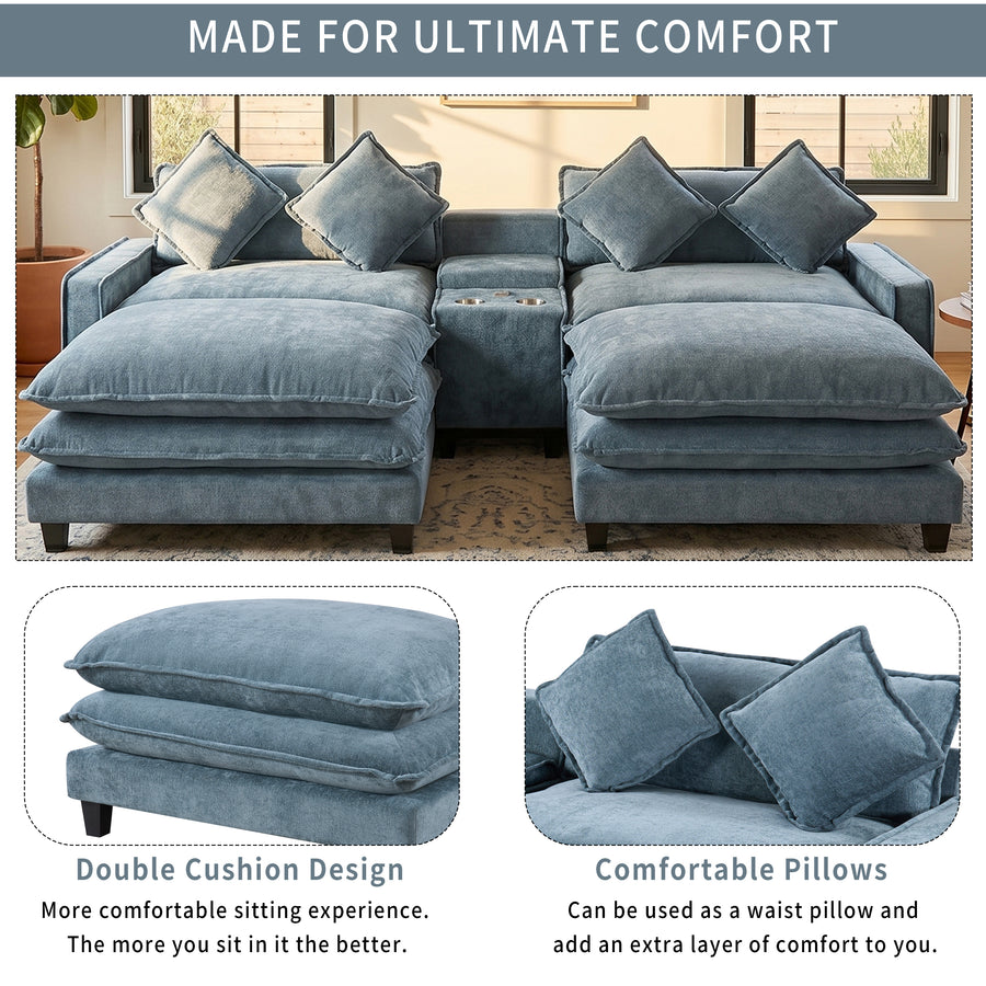 Light Blue Sectional Sofa with Ottoman
