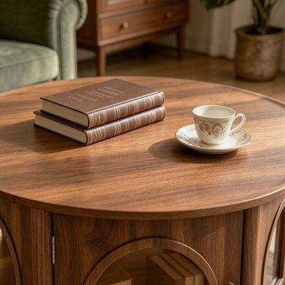 31.5' Round Coffee Table  with Storage, Arched Glass Door Pet House Table in Walnut Wood Grain, Mid-Century Modern Furniture for Living Room