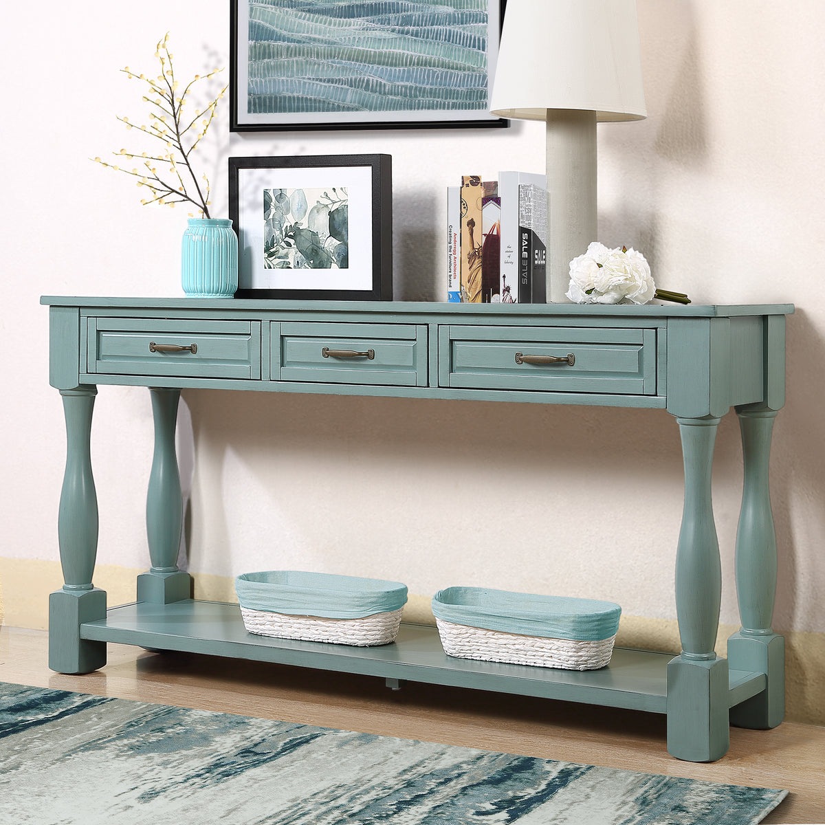 60inch Long Wood Console Table with 3 Drawers and 1 Bottom Shelf for Entryway Hallway Easy Assembly Extra-thick Sofa Table ( Retro Blue)