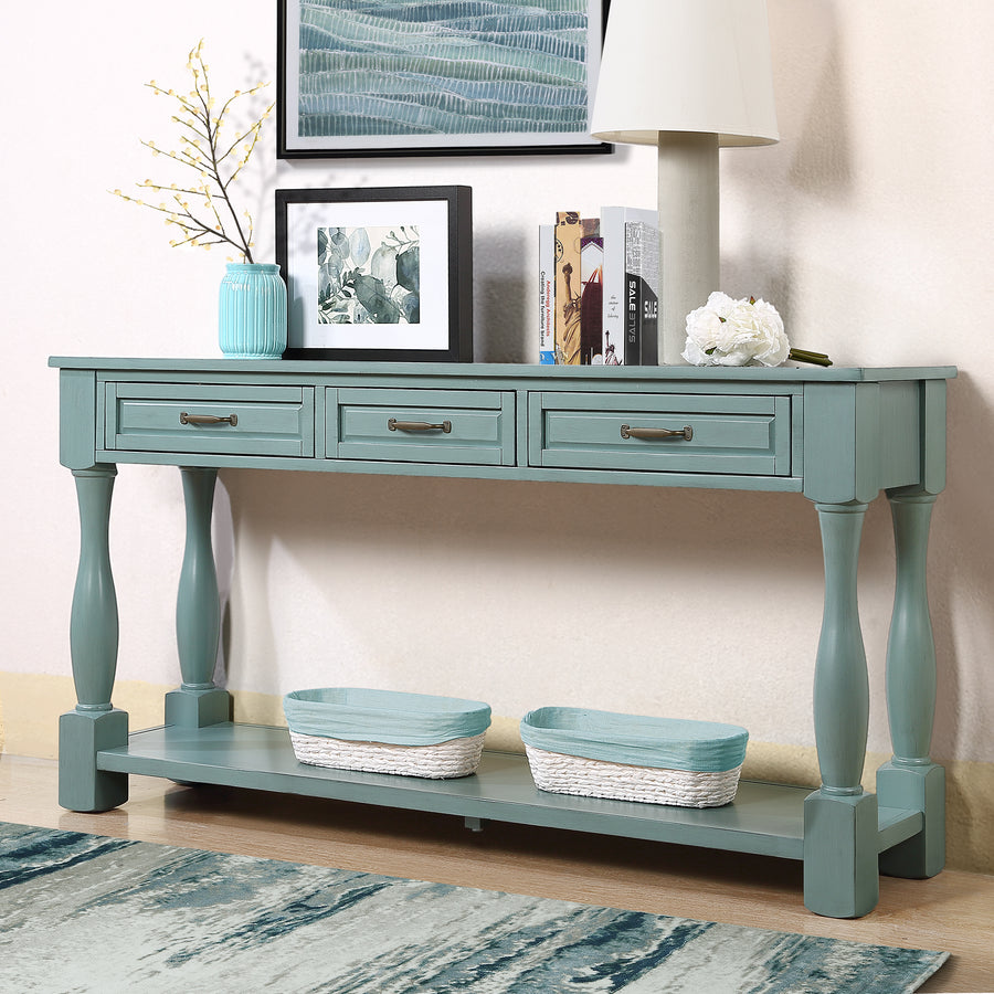60inch Long Wood Console Table with 3 Drawers and 1 Bottom Shelf for Entryway Hallway Easy Assembly Extra-thick Sofa Table ( Retro Blue)