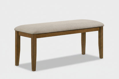Wooden bench with beige cushion and dimensions labeled on a white background