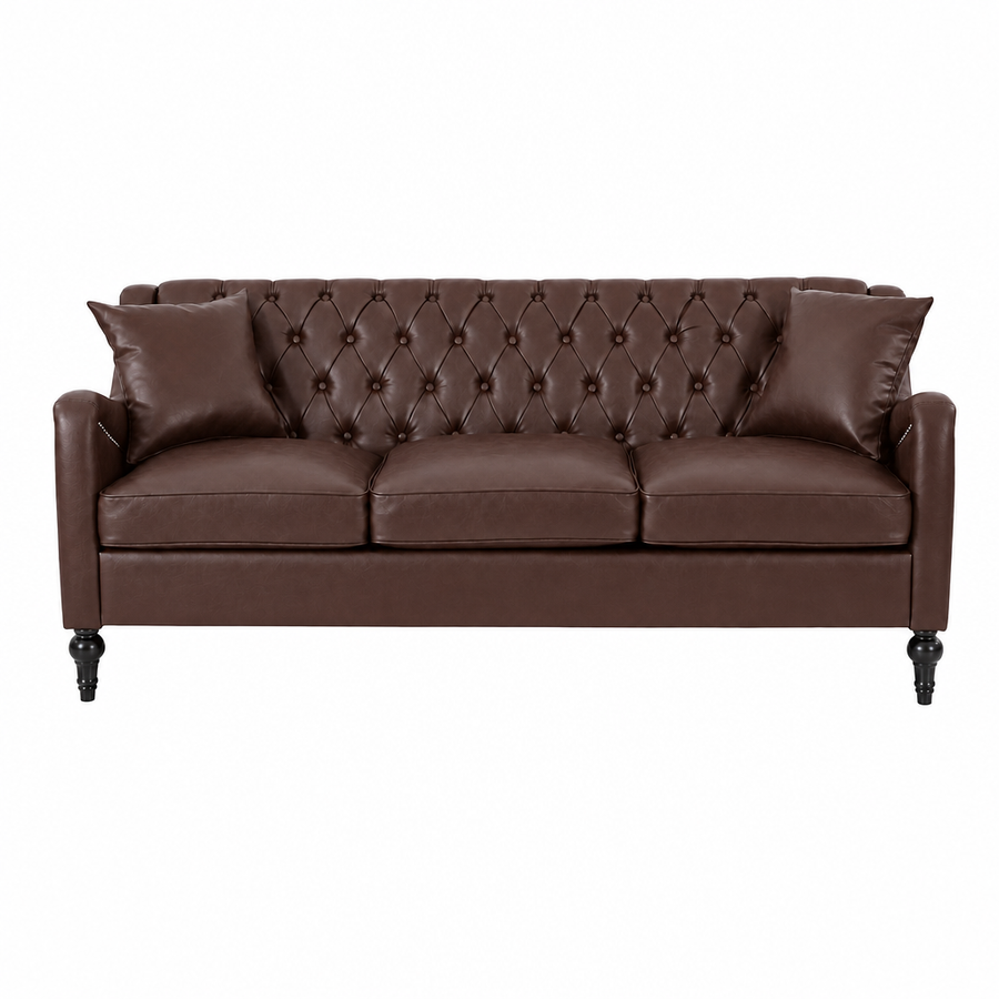 Dark Brown 3 Seater leather sofa with a classic tufted button design on the backrest, two matching throw pillows, and dark turned wooden legs, shown against a plain white background.
