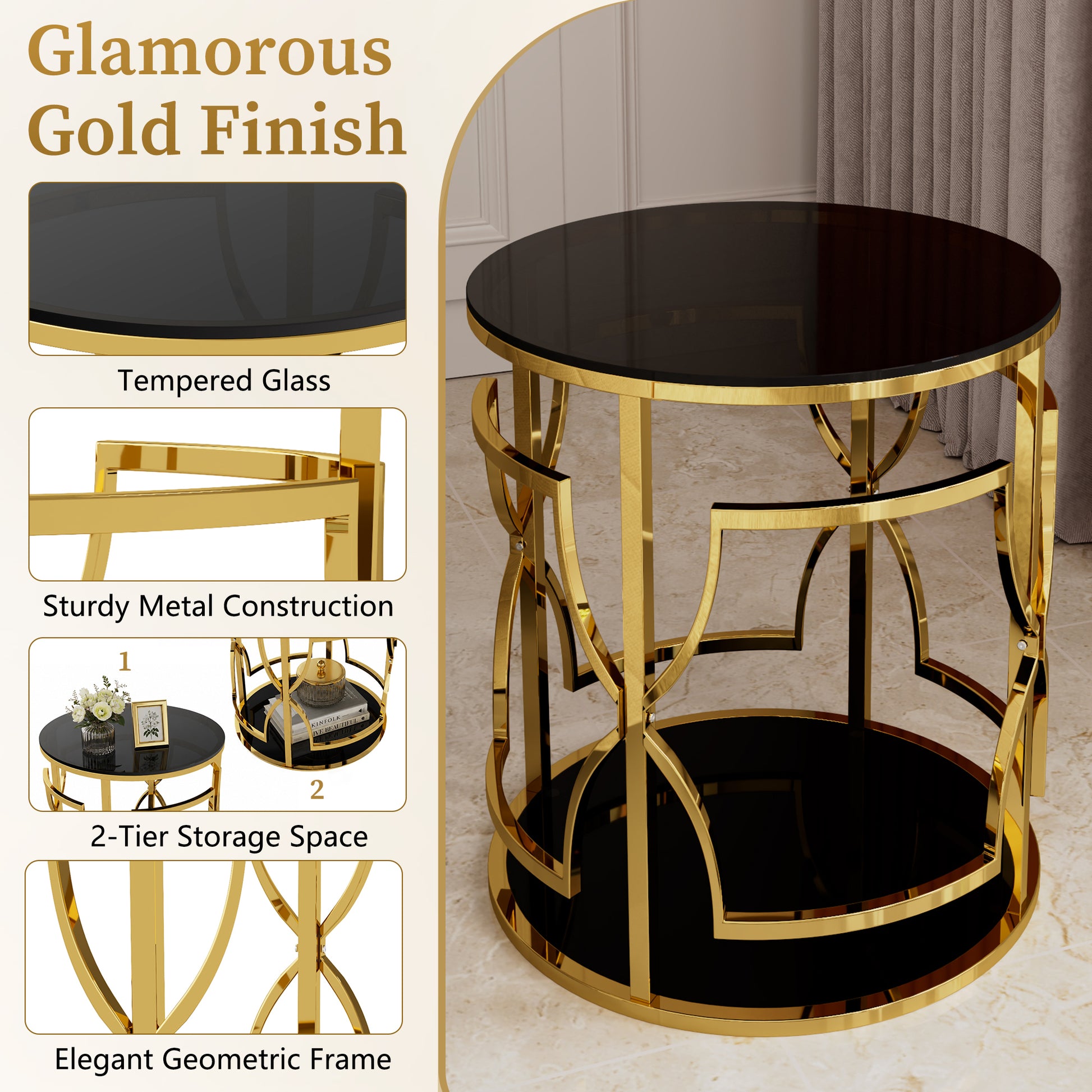 Black tampered glass golden metal leg round side table