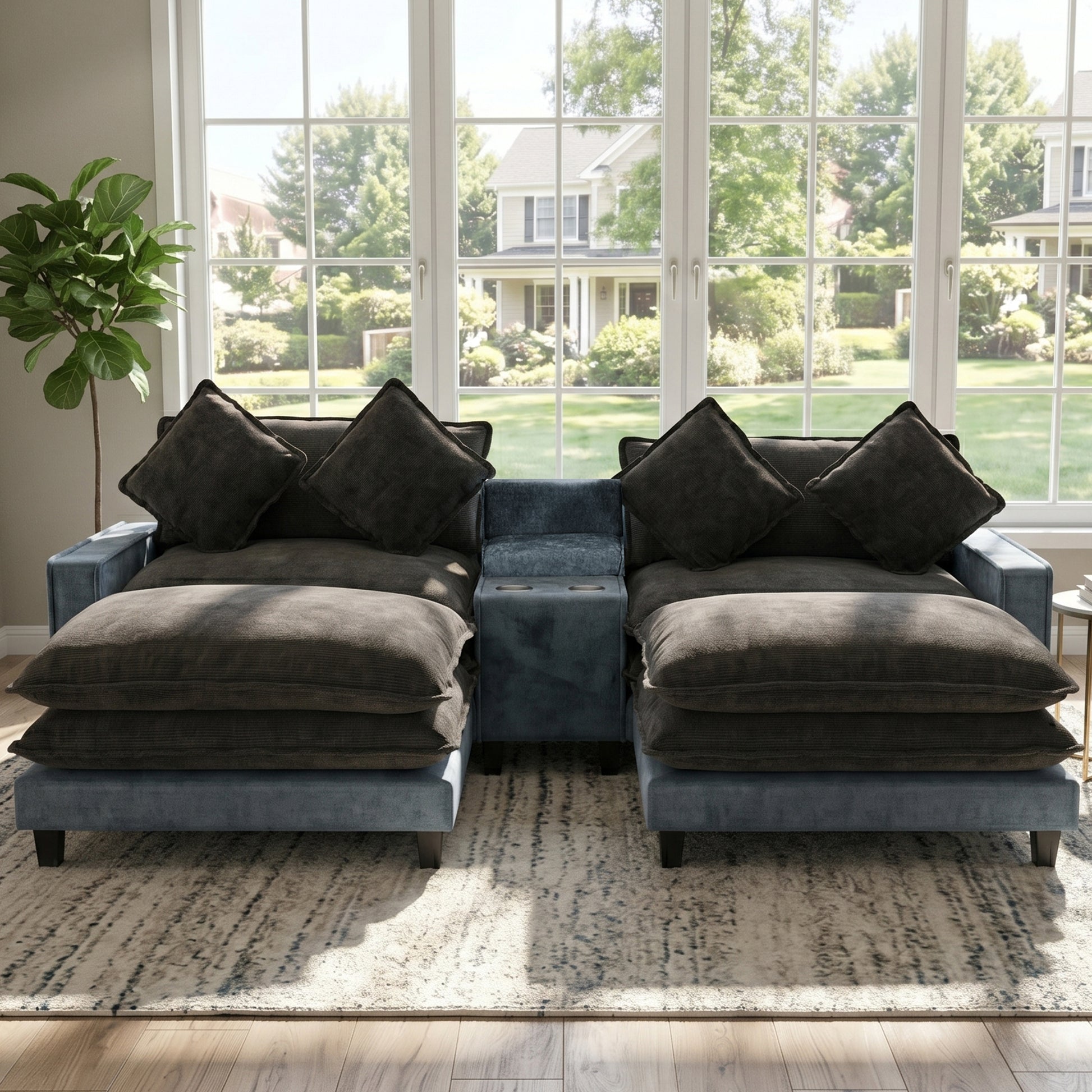 Grey + Light Blue Sectional Sofa with Ottoman