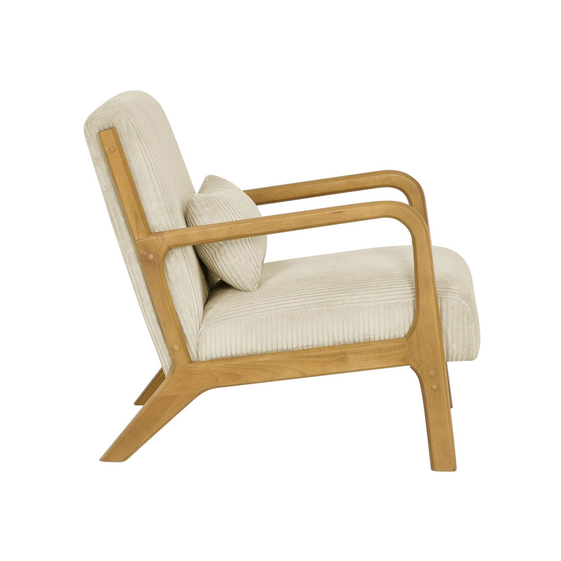 Beige Corduroy Upholstered Wooden Armchair with Back Support Pillow