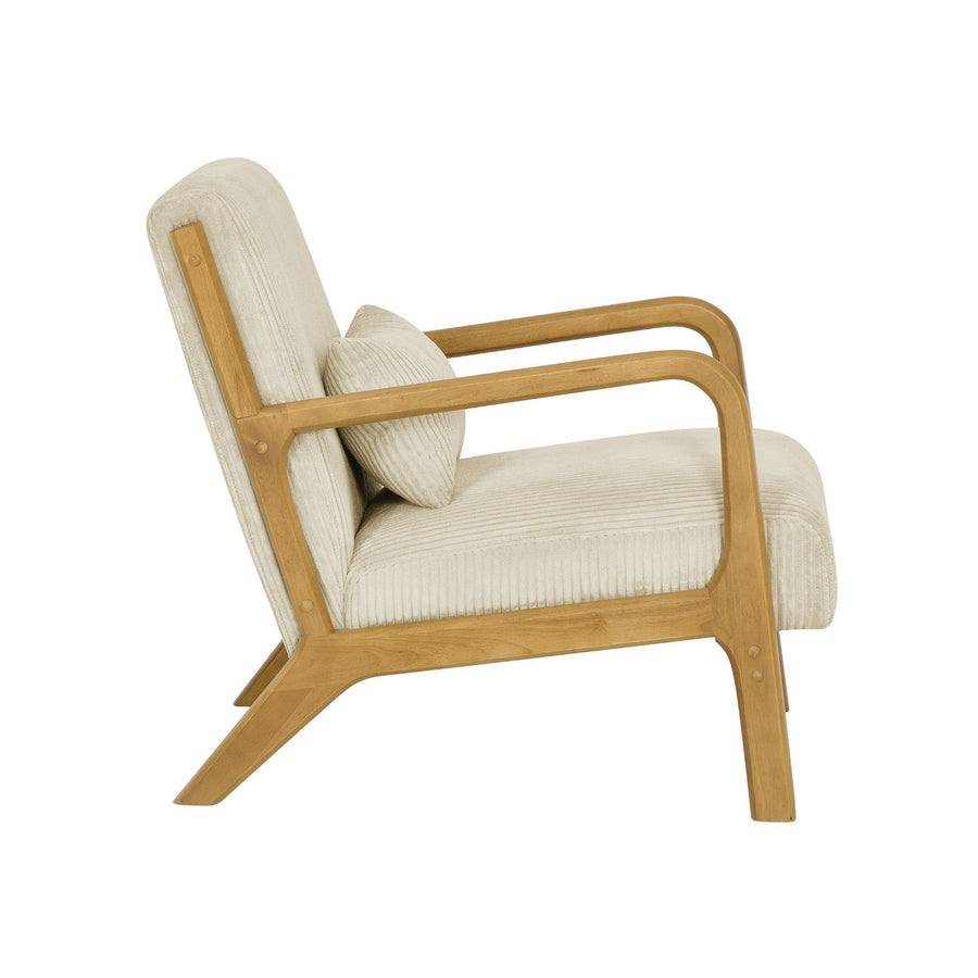 Beige Corduroy Upholstered Wooden Armchair with Back Support Pillow