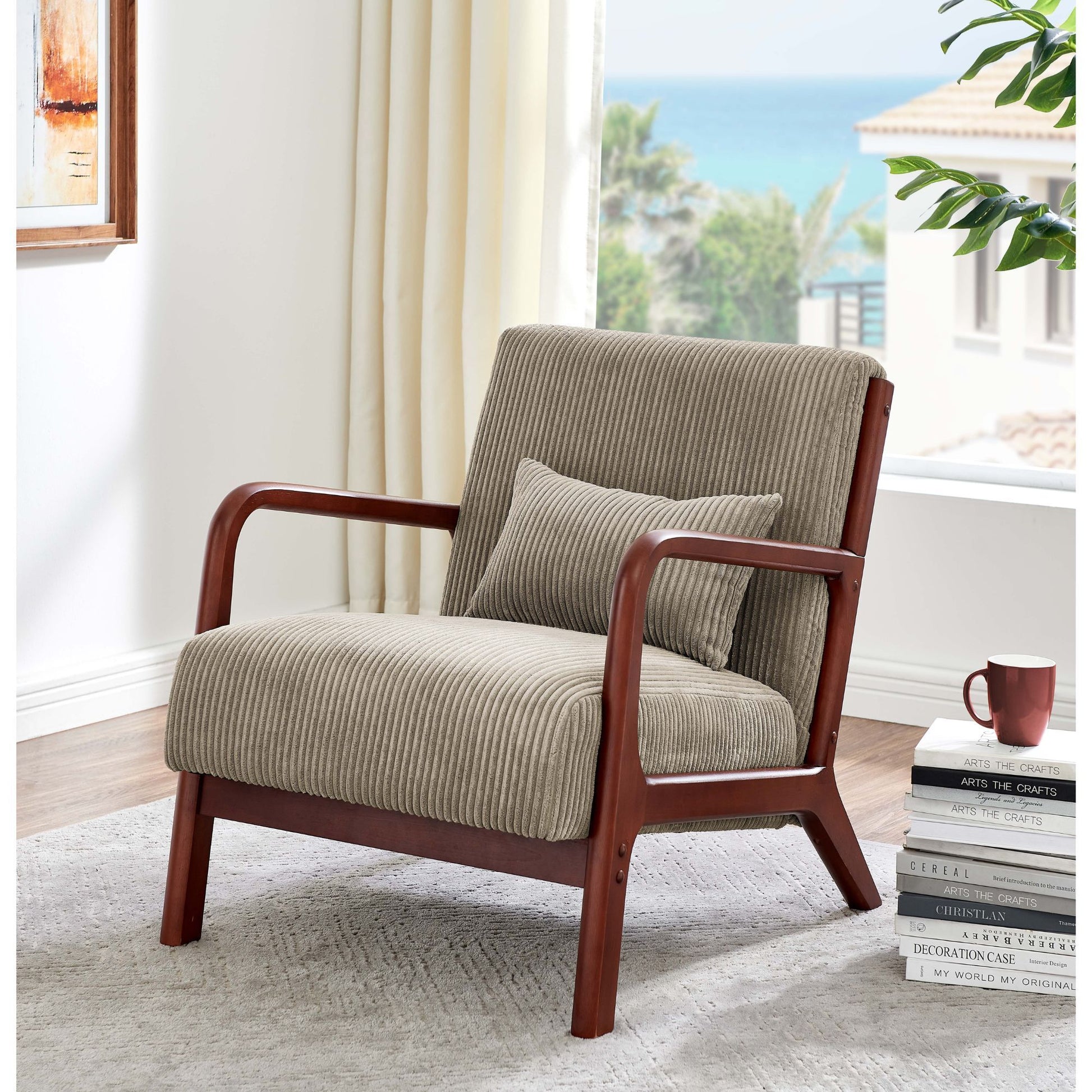 Camel Corduroy Upholstered Wooden Armchair with Back Support Pillow