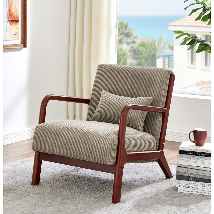 Camel Corduroy Upholstered Wooden Armchair with Back Support Pillow