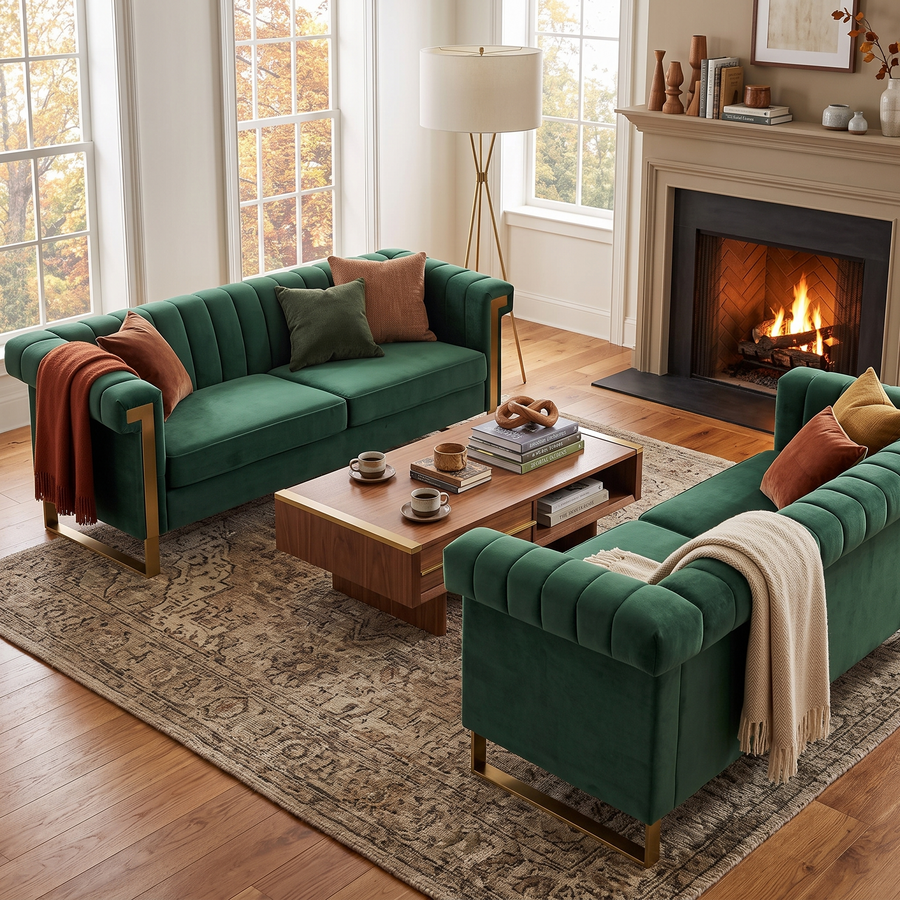 Terra Black Velvet 2 Piece Sofa Set Green