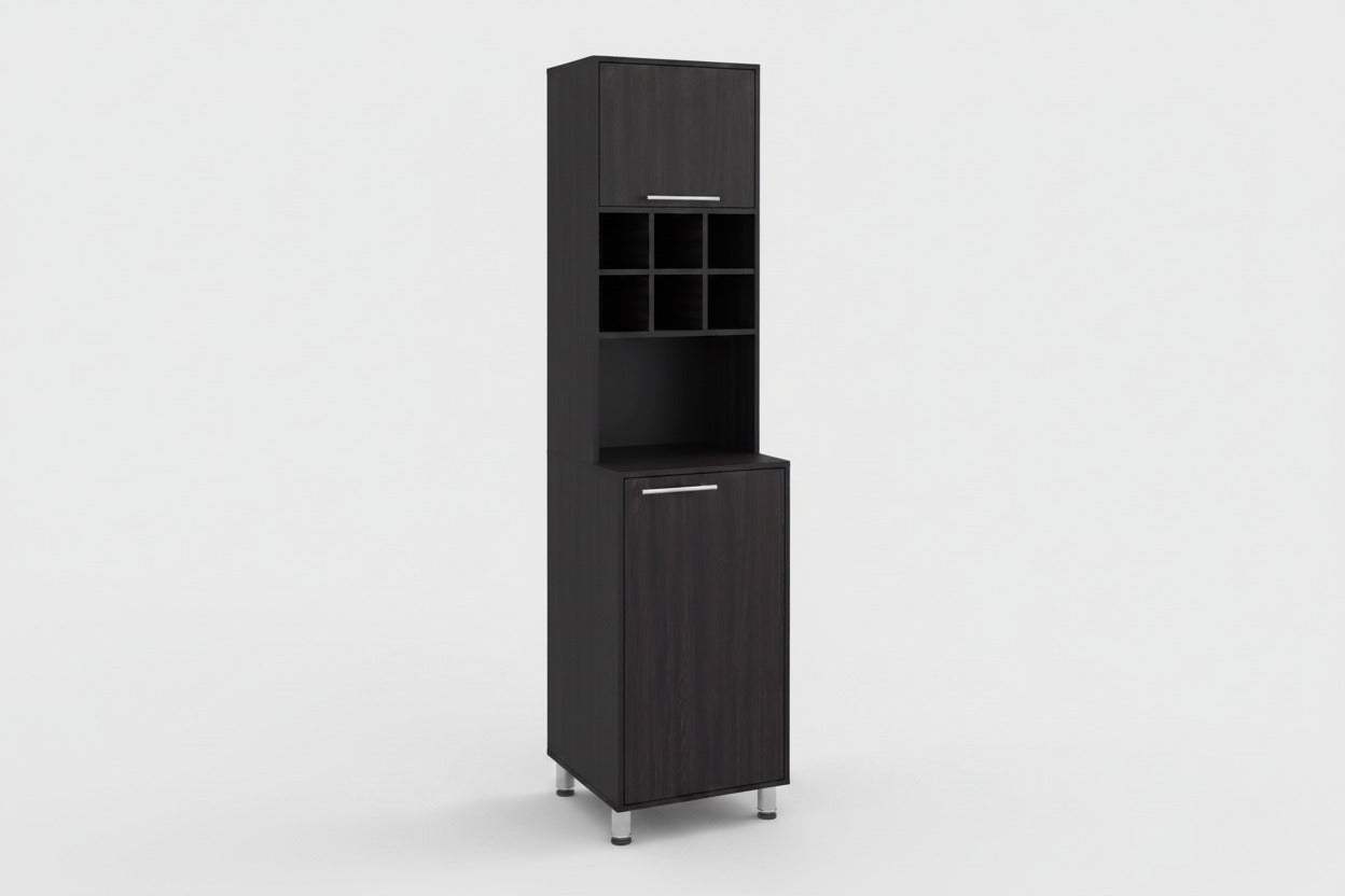 Tall black kitchen cabinet with open shelves and a closed door on a white background Wenge